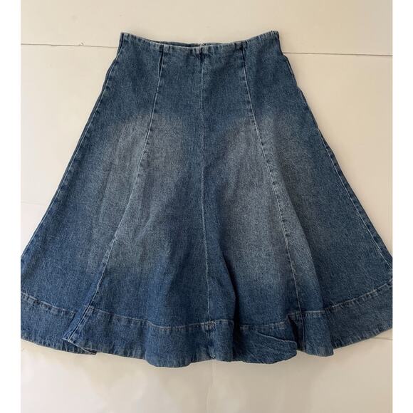 Warf And Weft LOS Denim Skirt 4/27 Blue High Rise A Line Midi 70s Retro Flare - Picture 12 of 12